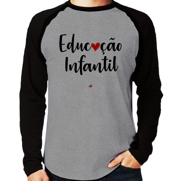 Camiseta Raglan Educação Infantil por amor Manga Longa - Cinza/Preto