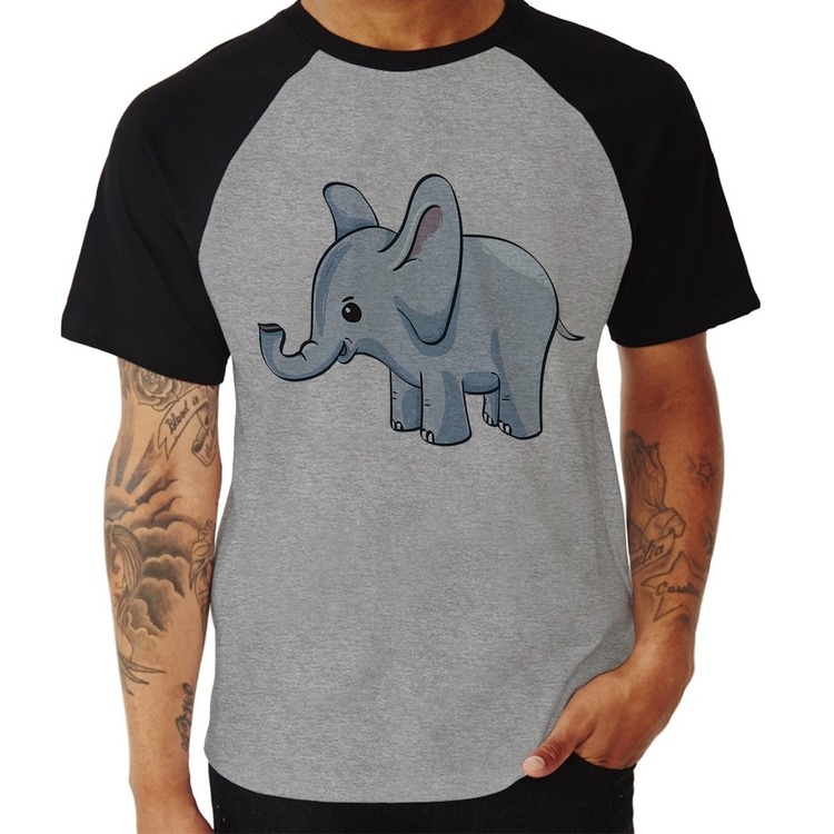 Camiseta Raglan Elefante Bebê - Cinza/Preto