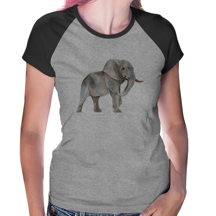 Baby Look Raglan Elefante - Cinza/Preto