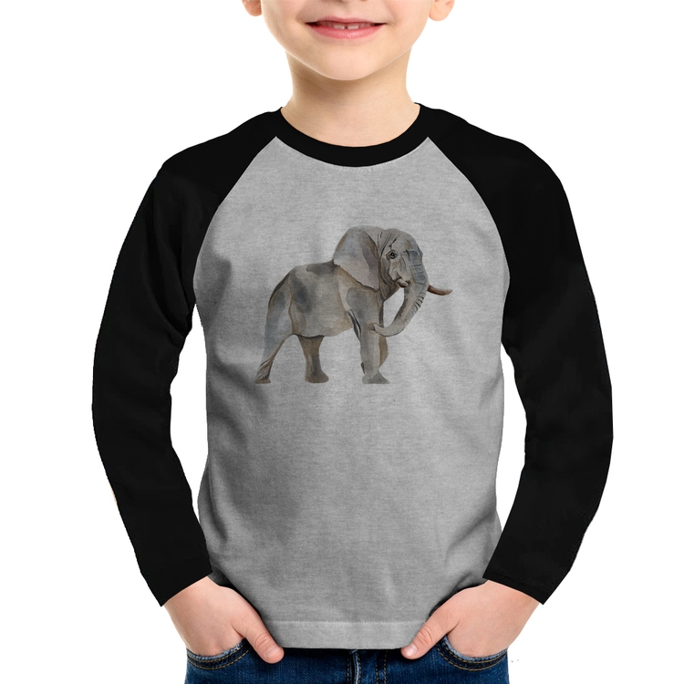 Camiseta Raglan Infantil Elefante Manga Longa - Cinza/Preto