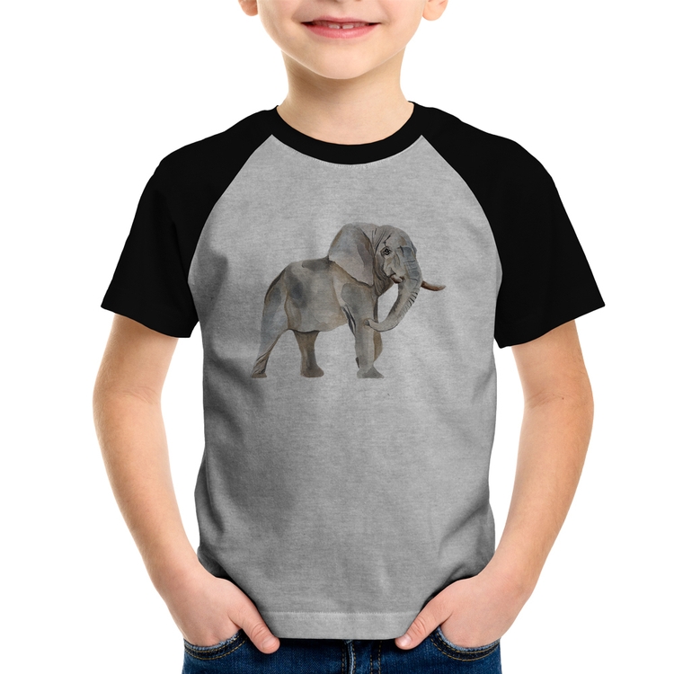 Camiseta Raglan Infantil Elefante - Cinza/Preto