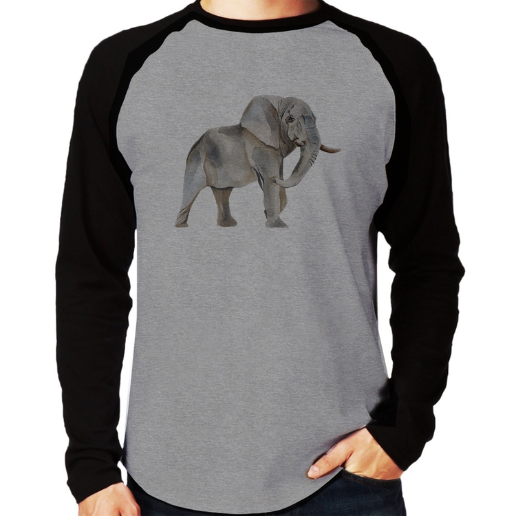 Camiseta Raglan Elefante Manga Longa - Cinza/Preto