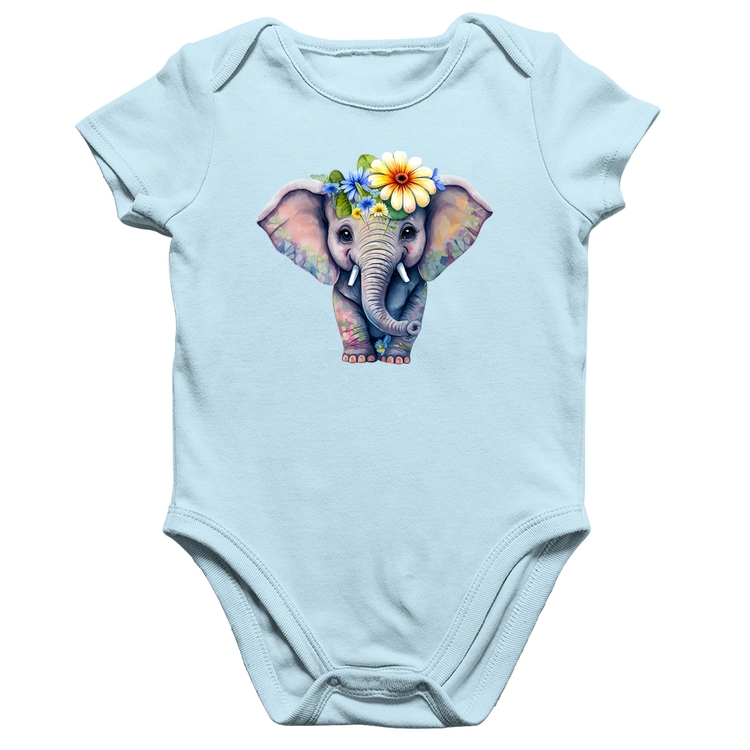 Body Bebê Algodão Elefante E Flores - Azul Bebê