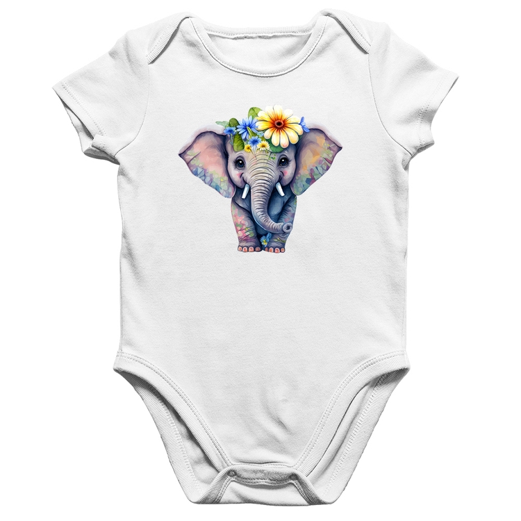 Body Bebê Algodão Elefante E Flores - Branco