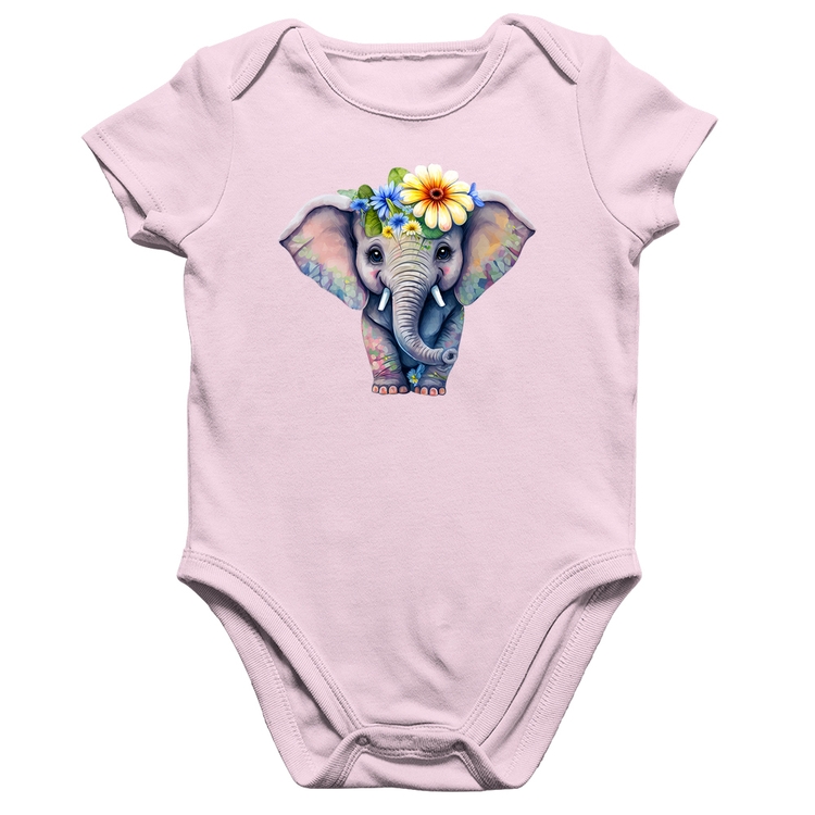 Body Bebê Algodão Elefante E Flores - Rosa Bebê