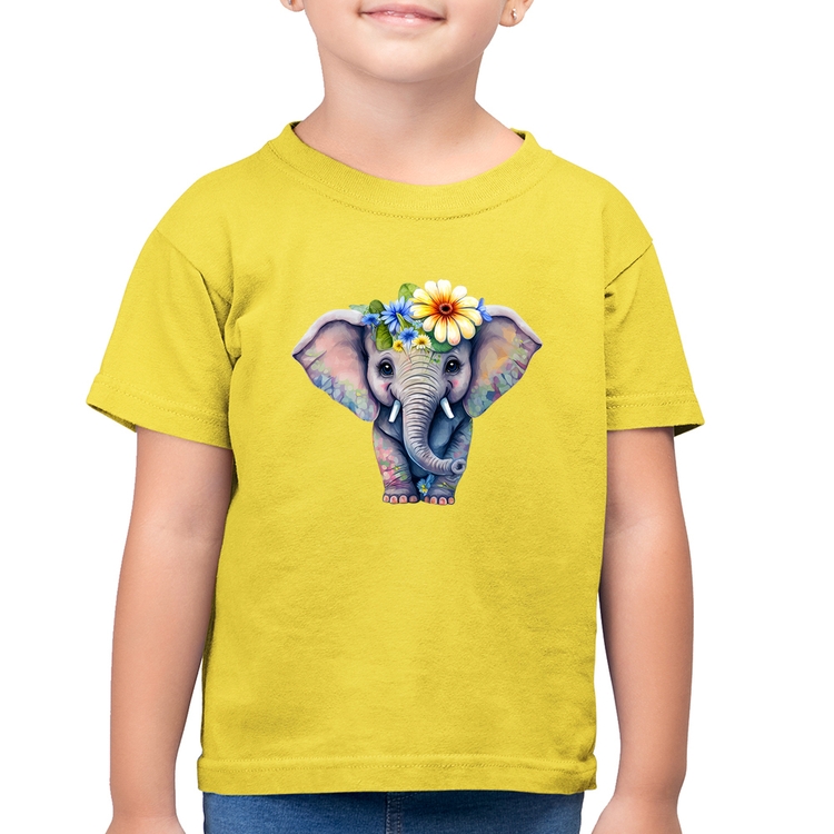 Camiseta Algodão Infantil Elefante E Flores - Amarelo Canário