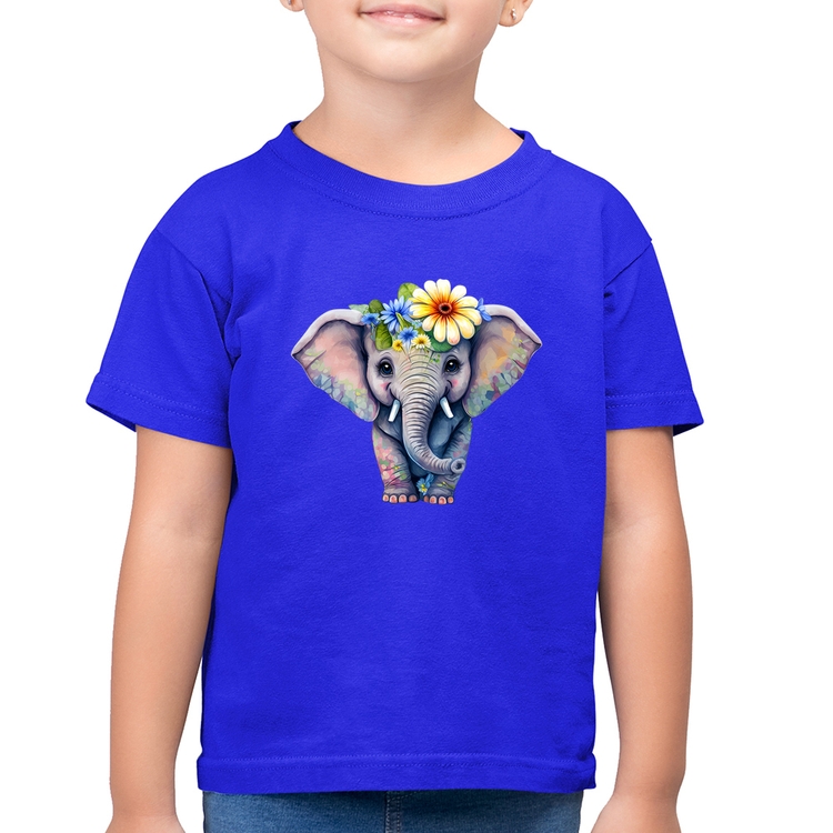 Camiseta Algodão Infantil Elefante E Flores - Azul Royal