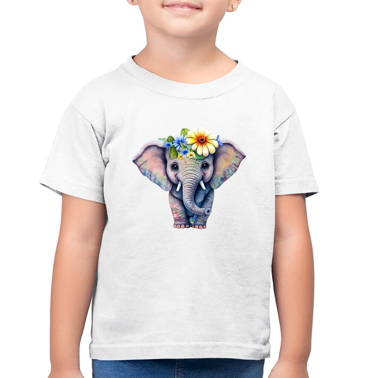 Camiseta Algodão Infantil Elefante E Flores - Branca