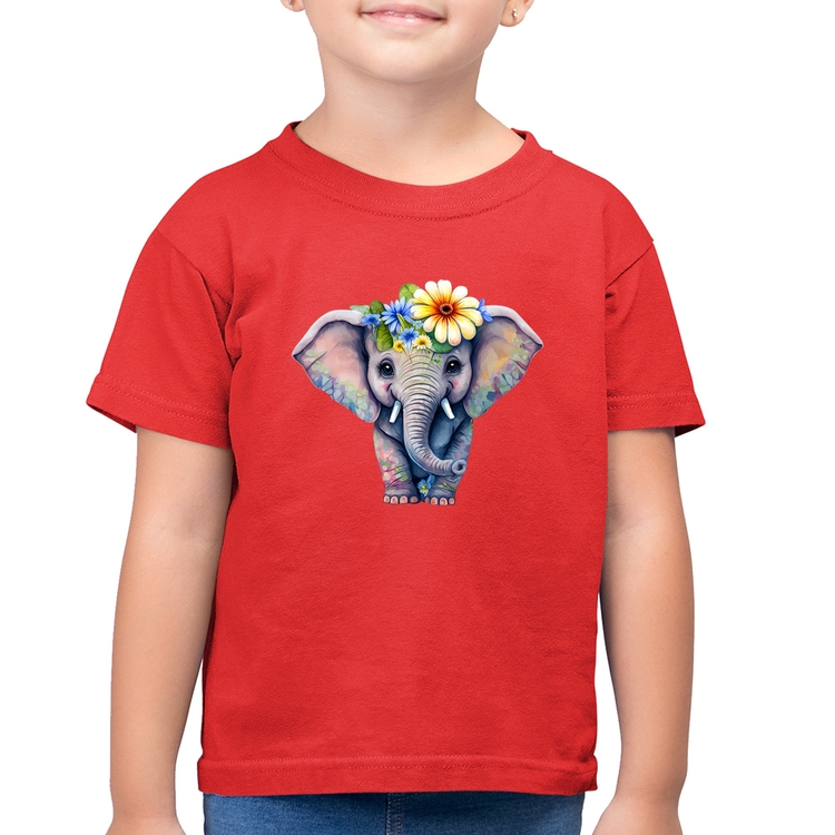 Camiseta Algodão Infantil Elefante E Flores - Vermelha