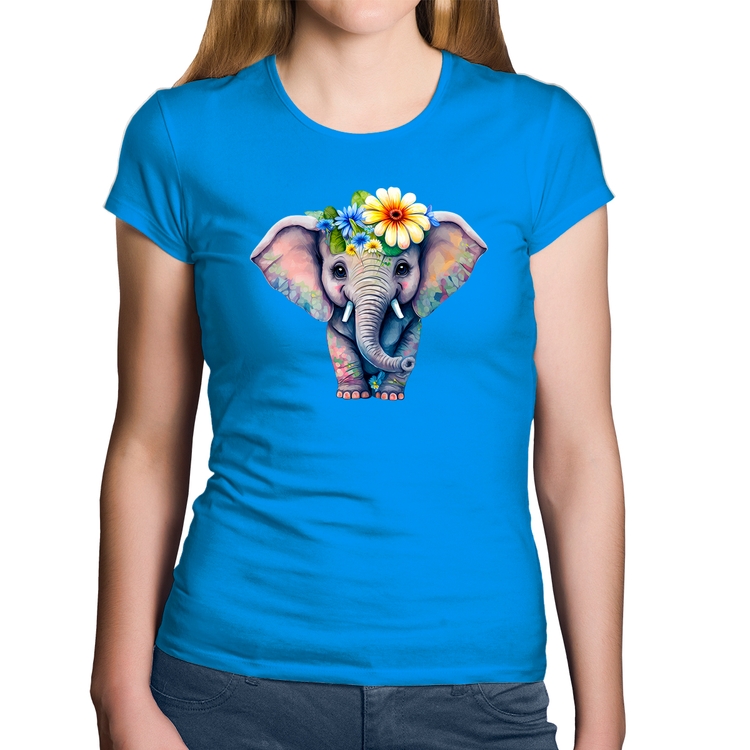 Baby Look Algodão Elefante E Flores - Azul