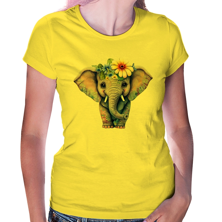 Baby Look Elefante E Flores - Amarela