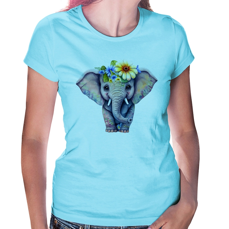 Baby Look Elefante E Flores - Azul Bebê