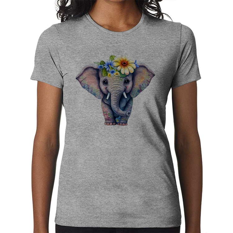 Baby Look Elefante E Flores - Cinza