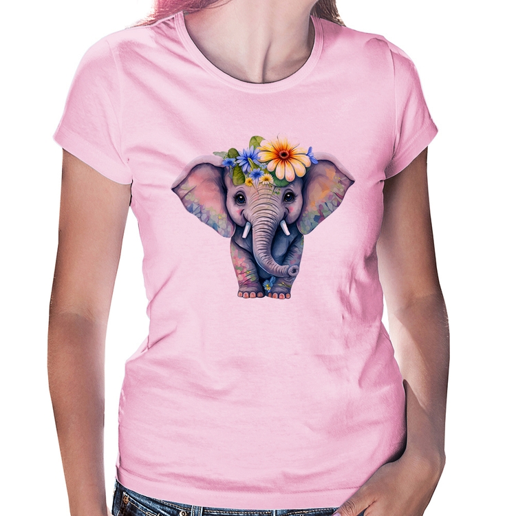 Baby Look Elefante E Flores - Rosa Bebê