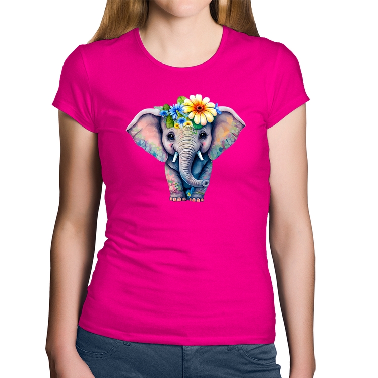 Baby Look Algodão Elefante E Flores - Rosa