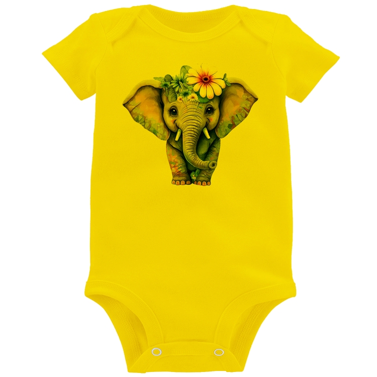 Body Bebê Elefante E Flores - Amarelo