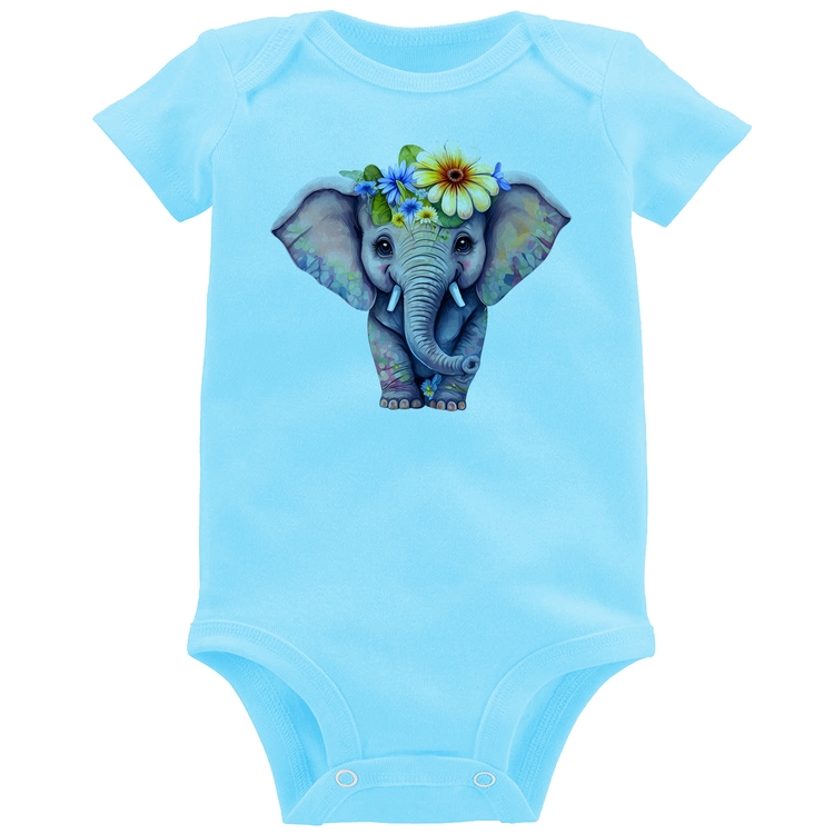 Body Bebê Elefante E Flores - Azul Bebê