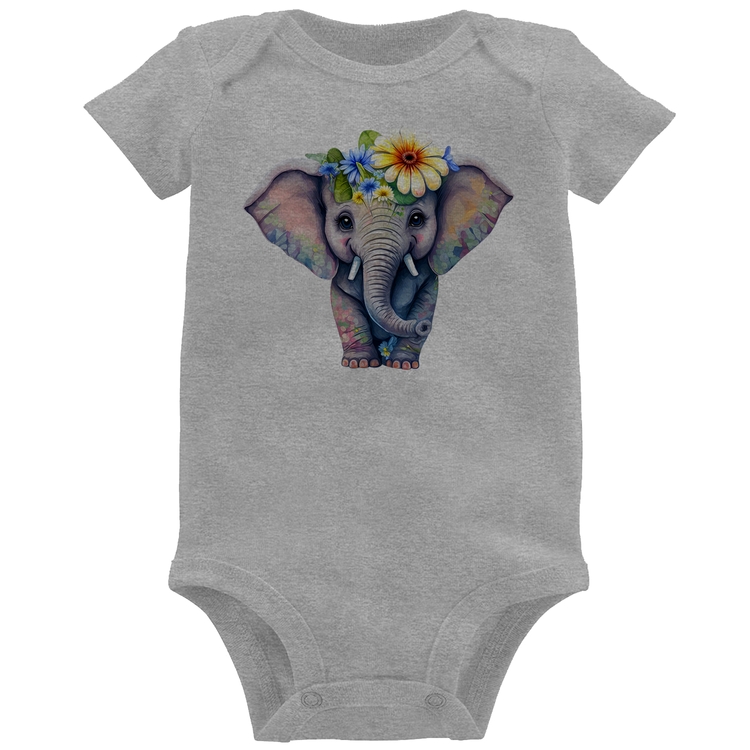 Body Bebê Elefante E Flores - Cinza