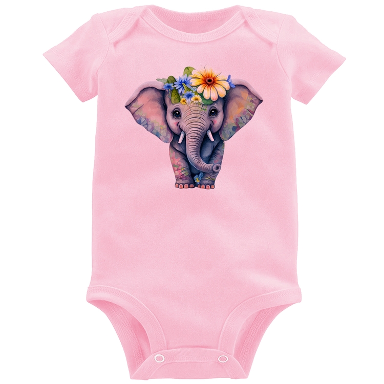 Body Bebê Elefante E Flores - Rosa Bebê