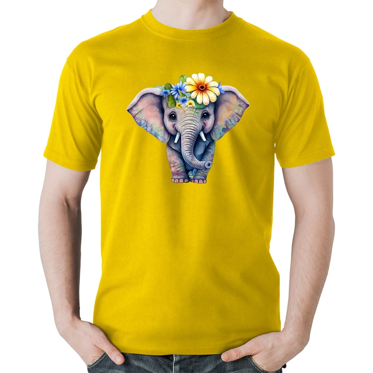 Camiseta Algodão Elefante E Flores - Amarela