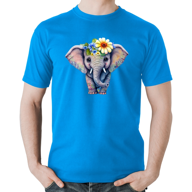 Camiseta Algodão Elefante E Flores - Azul