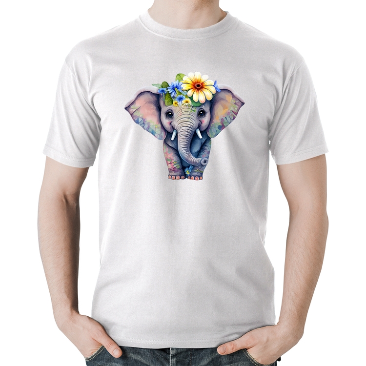 Camiseta Algodão Elefante E Flores - Branca