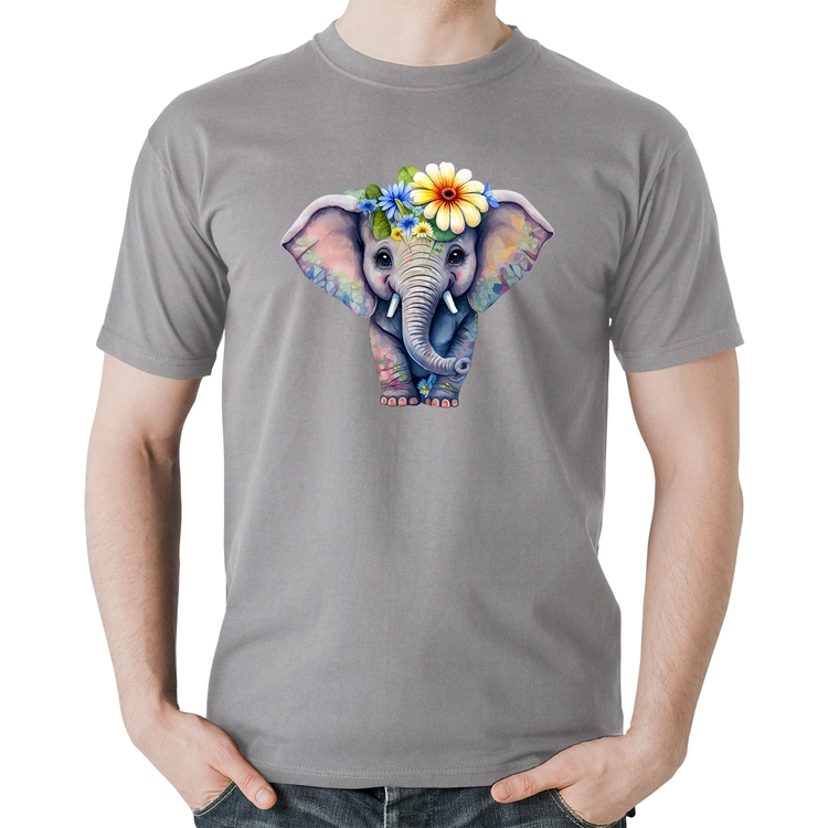 Camiseta Algodão Elefante E Flores - Cinza