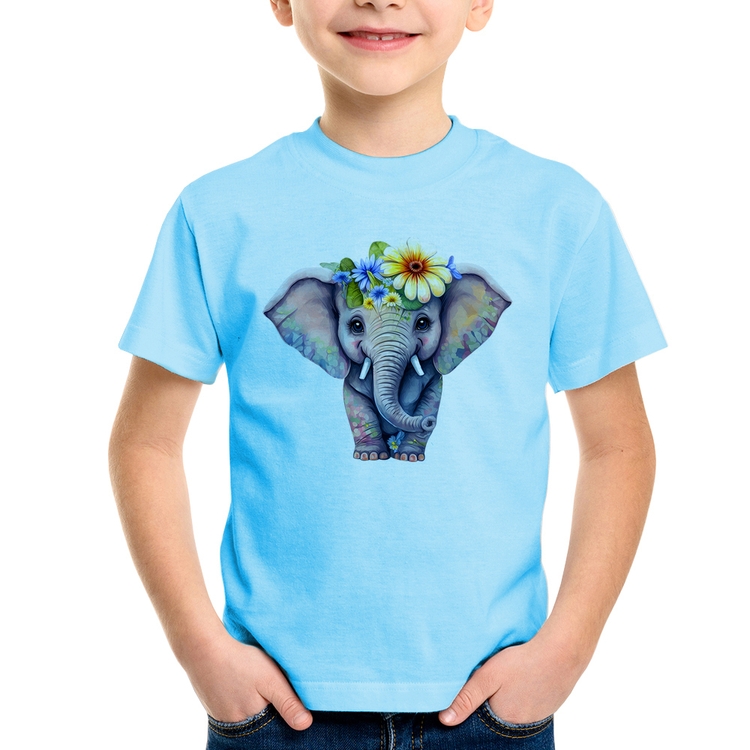 Camiseta Infantil Elefante E Flores - Azul Bebê