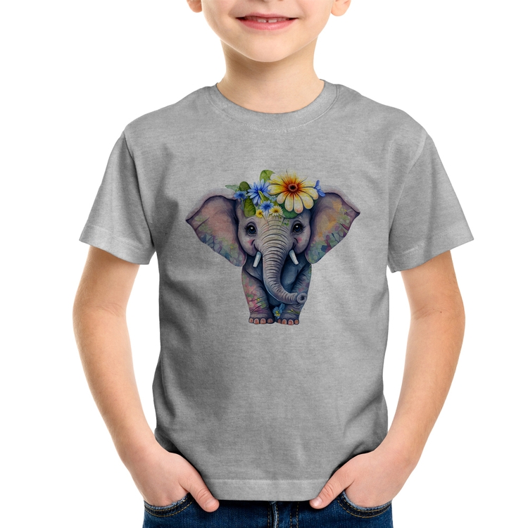Camiseta Infantil Elefante E Flores - Cinza