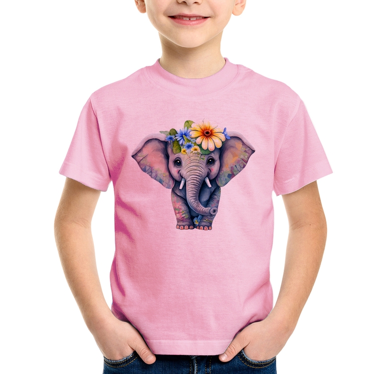 Camiseta Infantil Elefante E Flores - Rosa Bebê