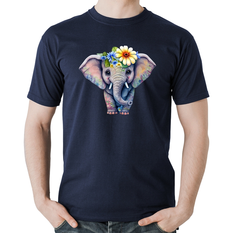 Camiseta Algodão Elefante E Flores - Marinho