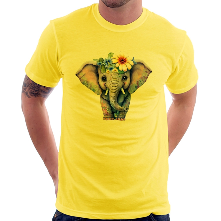 Camiseta Elefante E Flores - Amarela