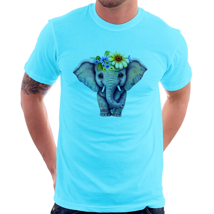 Camiseta Elefante E Flores - Azul Claro