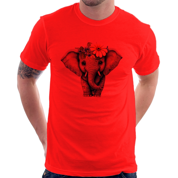 Camiseta Elefante E Flores - Vermelha