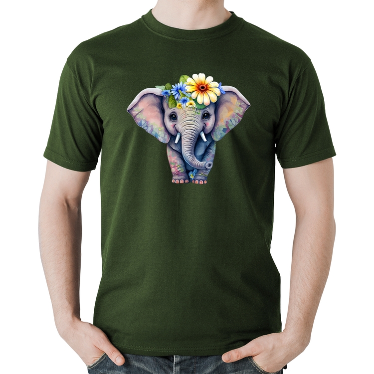 Camiseta Algodão Elefante E Flores - Musgo