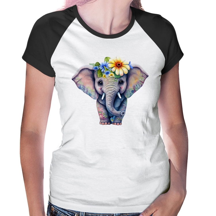 Baby Look Raglan Elefante E Flores
