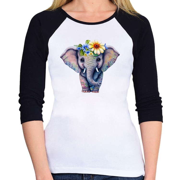 Baby Look Raglan Elefante E Flores Manga 3/4
