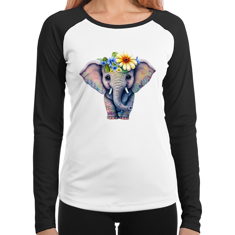 Baby Look Raglan Elefante E Flores Manga Longa