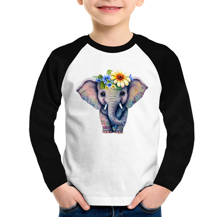 Camiseta Raglan Infantil Elefante E Flores Manga Longa
