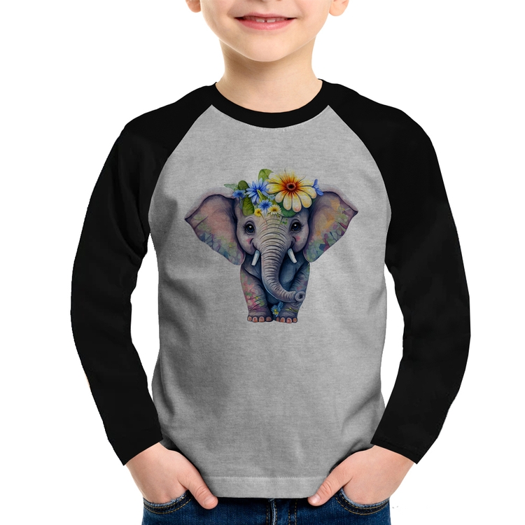 Camiseta Raglan Infantil Elefante E Flores Manga Longa - Cinza/Preto