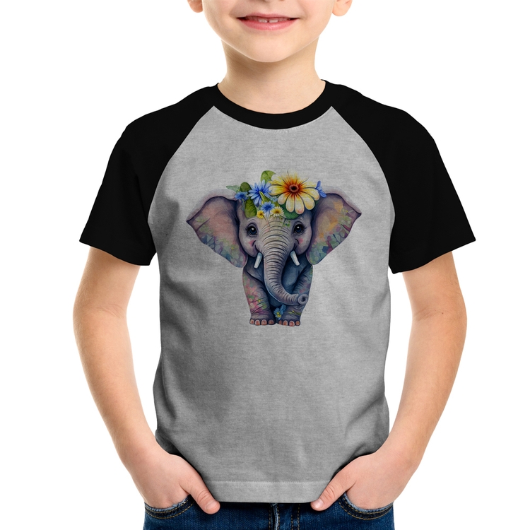 Camiseta Raglan Infantil Elefante E Flores - Cinza/Preto