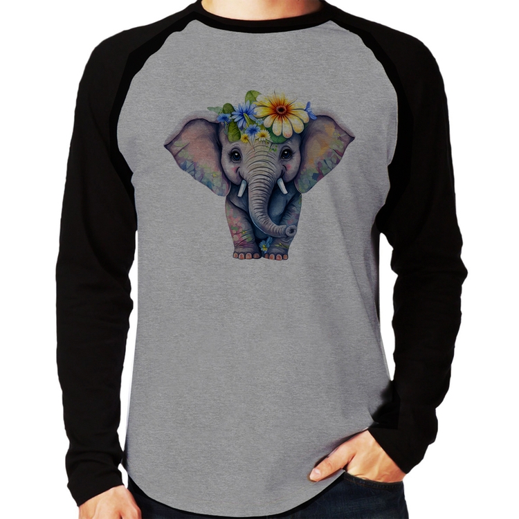 Camiseta Raglan Elefante E Flores Manga Longa - Cinza/Preto