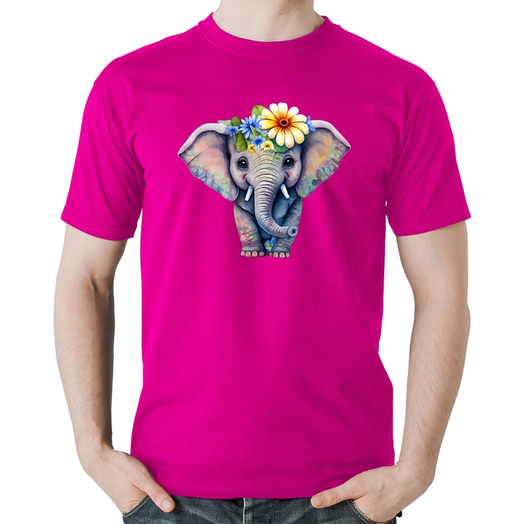 Camiseta Algodão Elefante E Flores - Rosa