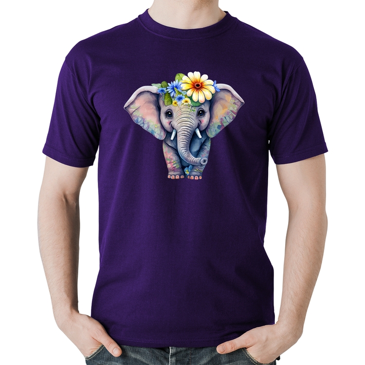 Camiseta Algodão Elefante E Flores - Roxa