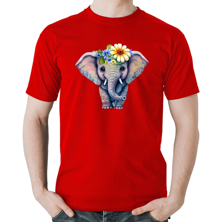 Camiseta Algodão Elefante E Flores - Vermelha