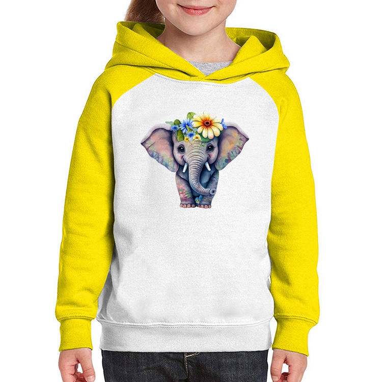 Moletom Infantil Elefante E Flores - Branco/Amarelo