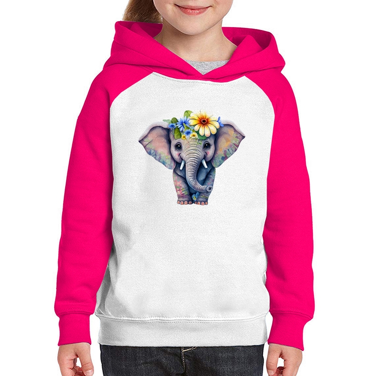 Moletom Infantil Elefante E Flores - Branco/Rosa