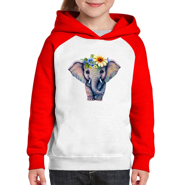 Moletom Infantil Elefante E Flores - Branco/Vermelho