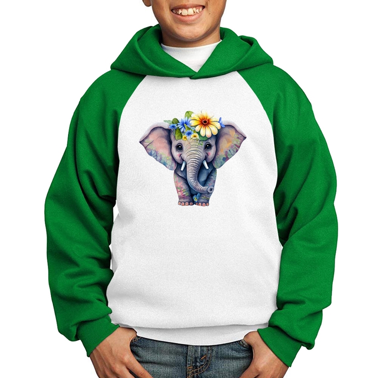 Moletom Infantil Elefante E Flores - Branco/Verde