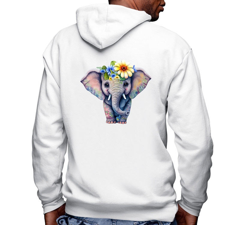 Blusa Moletom Elefante E Flores Masculina com Capuz e Zíper - Branca
